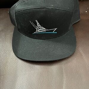 Black Adjustable Mesh Snapback Trucker Hat with Boat Embroidery
